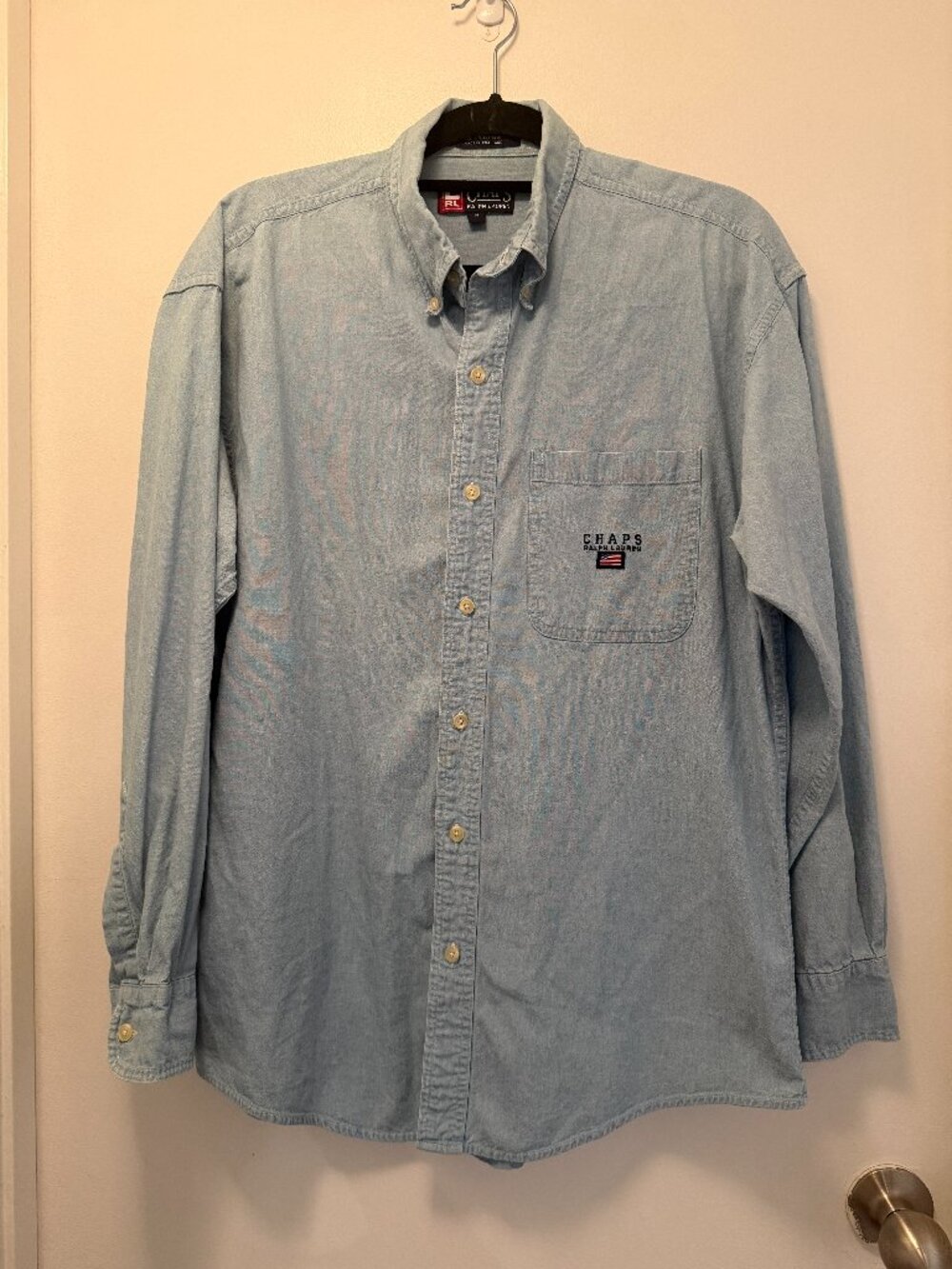 Vintage 90s Chaps Ralph Lauren Chambray Shirt | Men's M | Flag Logo